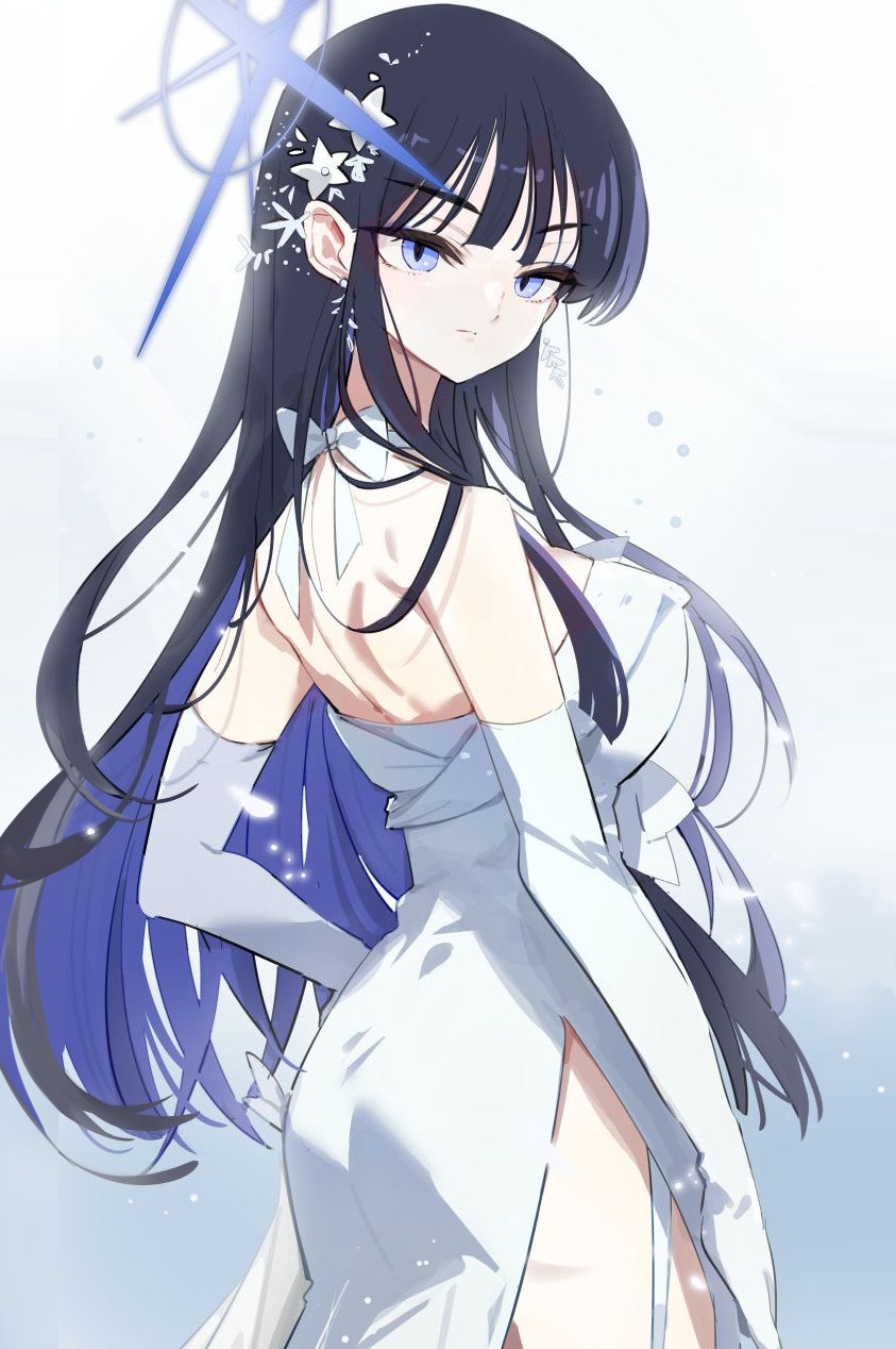 1girl ass black_hair blue_archive blue_eyes blue_hair blue_halo breasts closed_mouth colored_inner_hair commentary cowboy_shot dress elbow_gloves gloves halo highres large_breasts long_hair looking_at_viewer multicolored_hair official_alternate_costume saori_(blue_archive) saori_(dress)_(blue_archive) shadowsinking solo strapless strapless_dress white_dress white_gloves