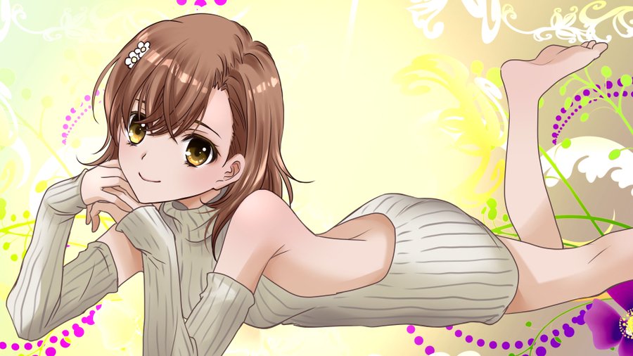 1girl aran_sweater backless_dress backless_outfit bare_back bare_legs bare_shoulders breasts brown_eyes brown_hair brown_sweater cable_knit cowboy_shot detached_sleeves dress floral_background from_side hair_ornament hairclip hands_on_own_chin leg_up lying medium_hair meme_attire misaka_mikoto on_stomach own_hands_together ribbed_sweater side_part sitting small_breasts smile solo sweater sweater_dress tacchin_ichi-gou toaru_majutsu_no_index turtleneck turtleneck_sweater virgin_killer_sweater yellow_background