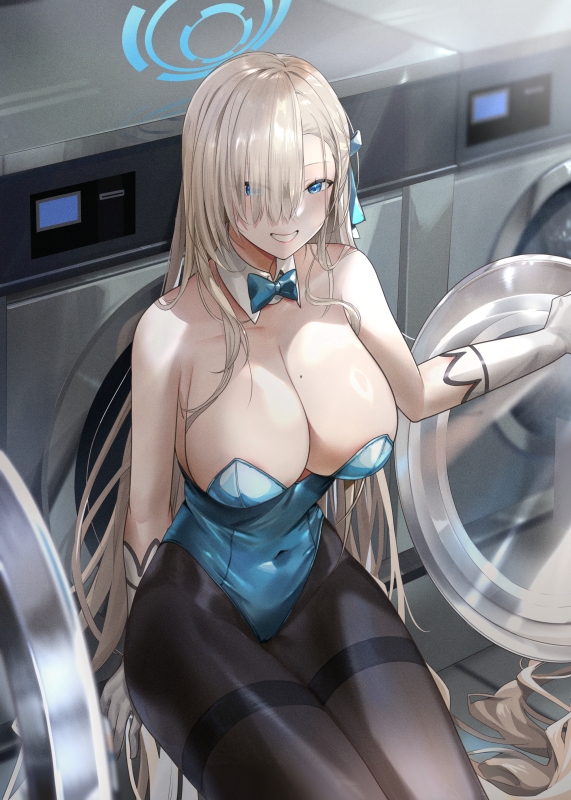 1girl asuna_(blue_archive) asuna_(bunny)_(blue_archive) bare_shoulders black_pantyhose blonde_hair blue_archive blue_eyes blush bow bowtie breasts cleavage commentary_request covered_navel detached_collar gloves grin hair_over_one_eye hair_ribbon halo haowei_wu long_hair looking_at_viewer pantyhose playboy_bunny ribbon smile solo thighband_pantyhose very_long_hair washing_machine white_gloves