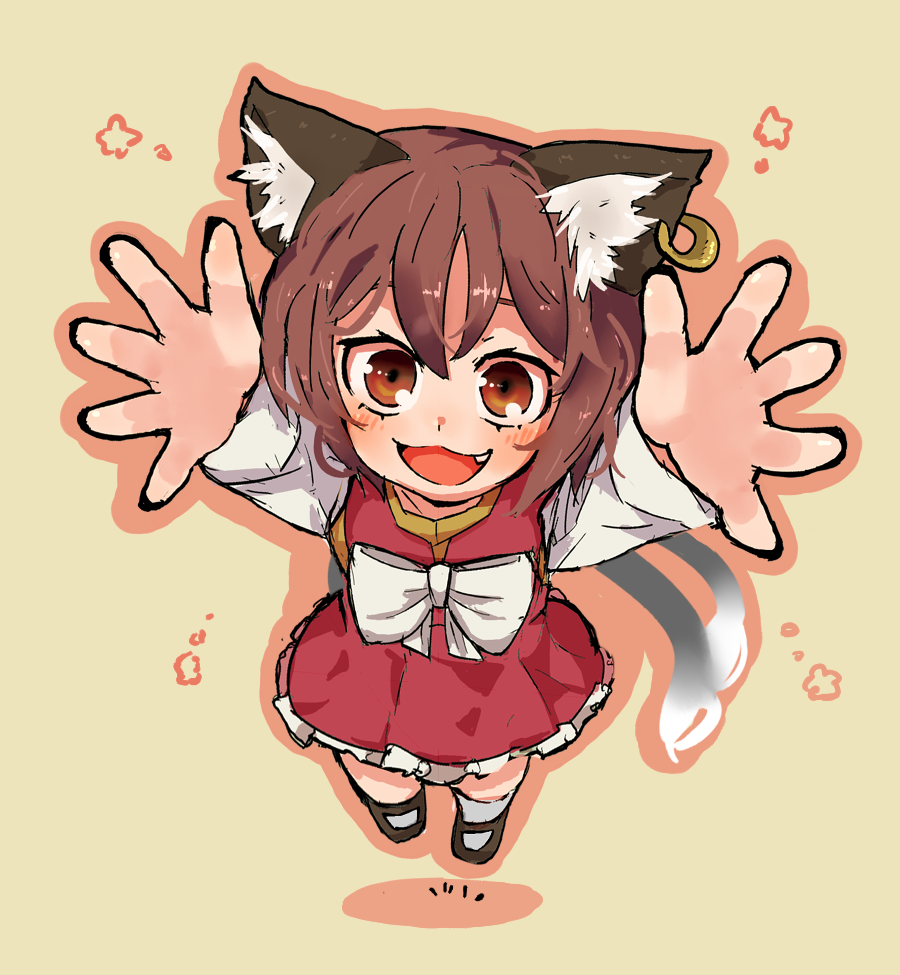 1girl :d animal_ear_fluff animal_ear_piercing animal_ears bow bowtie brown_eyes brown_hair cat_ears cat_tail chen commentary_request dress earrings eyebrows_hidden_by_hair fang foreshortening from_above full_body gold_trim grey_background hair_between_eyes happy jewelry looking_at_viewer multiple_tails nekomata no_headwear open_mouth outline perspective red_dress short_hair simple_background single_earring smile solo tail touhou two_tails white_bow white_bowtie yoshiyuki_(14330975)