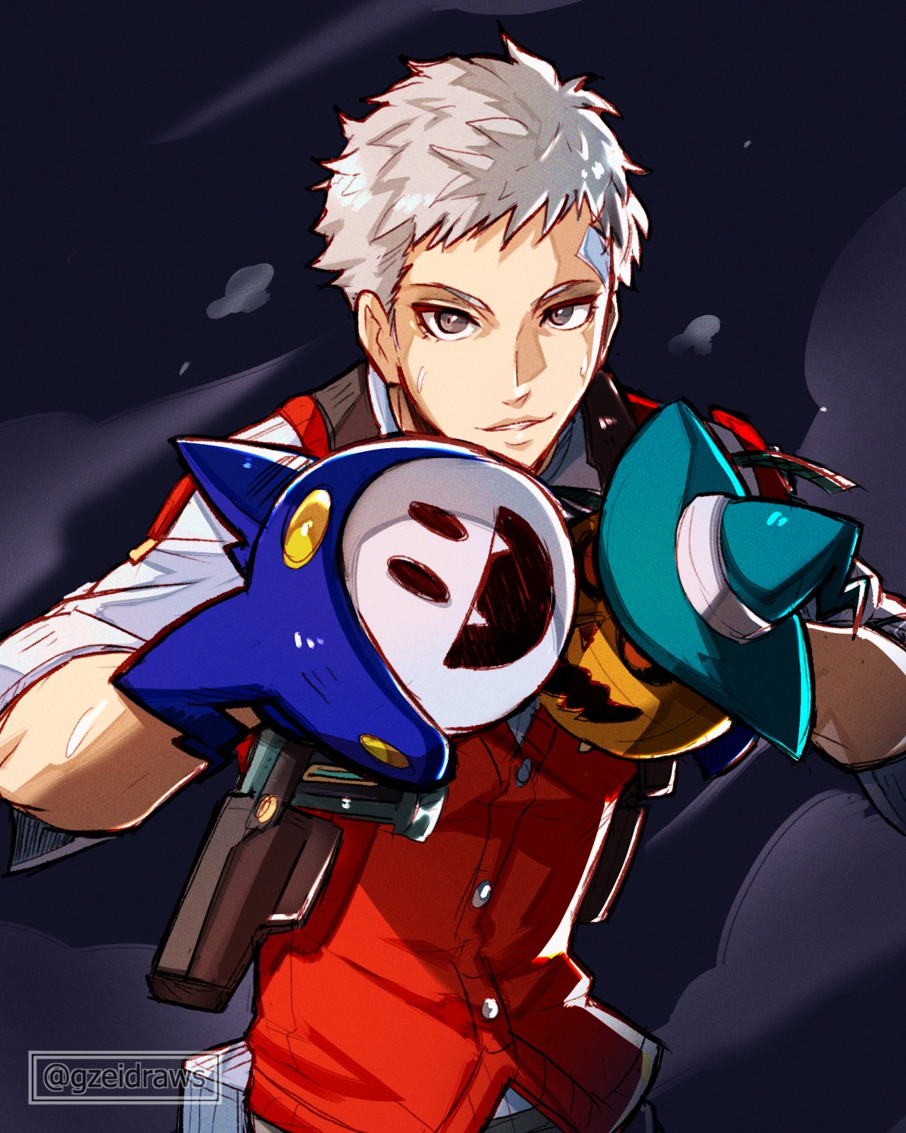 1boy bandaid bandaid_on_face bandaid_on_forehead black_ribbon buttons collared_shirt commentary english_commentary evoker fighting_stance gloves grey_hair gzei hands_up highres jack_frost looking_at_viewer male_focus neck_ribbon parted_lips persona persona_3 persona_3_reload pyro_jack red_sweater_vest ribbon sanada_akihiko shirt short_hair sleeves_rolled_up solo sweater_vest twitter_username upper_body very_short_hair white_shirt