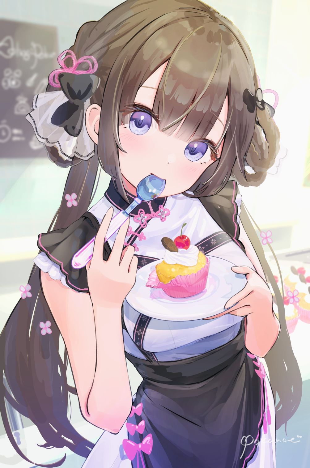 1girl apron blush bow brown_hair cherry cupcake dress eating food fruit hair_bow hair_rings highres holding holding_plate holding_spoon long_hair looking_at_viewer low_twintails original plate pokunoe purple_eyes short_sleeves solo spoon twintails very_long_hair waist_apron