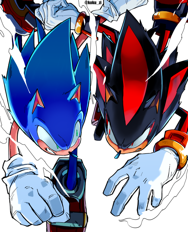 2boys clenched_teeth eye_contact furry furry_male gloves green_eyes kokusoji looking_at_another male_focus multiple_boys no_humans red_eyes running shadow_the_hedgehog shoes simple_background sonic_(series) sonic_adventure_2 sonic_the_hedgehog teeth twitter_username white_background white_gloves