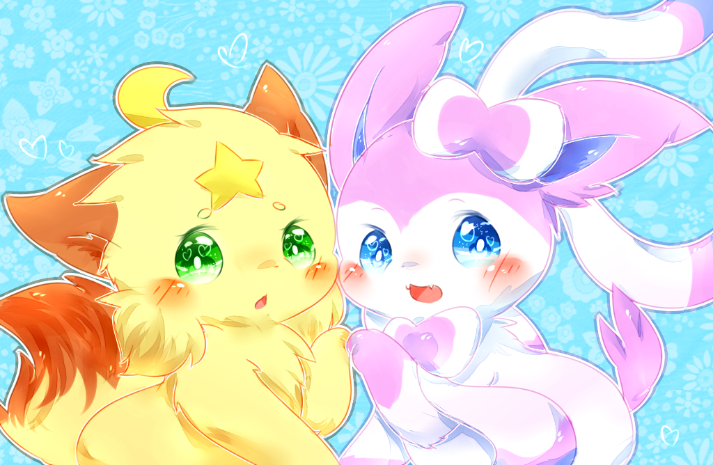 2016 ambiguous_gender blue_background canid canine daww deaic duo eeveelution feral fox fur generation_6_pokemon kemono mammal nintendo open_mouth open_smile orange_body orange_fur pokemon pokemon_(species) simple_background smile sylveon yellow_body yellow_fur