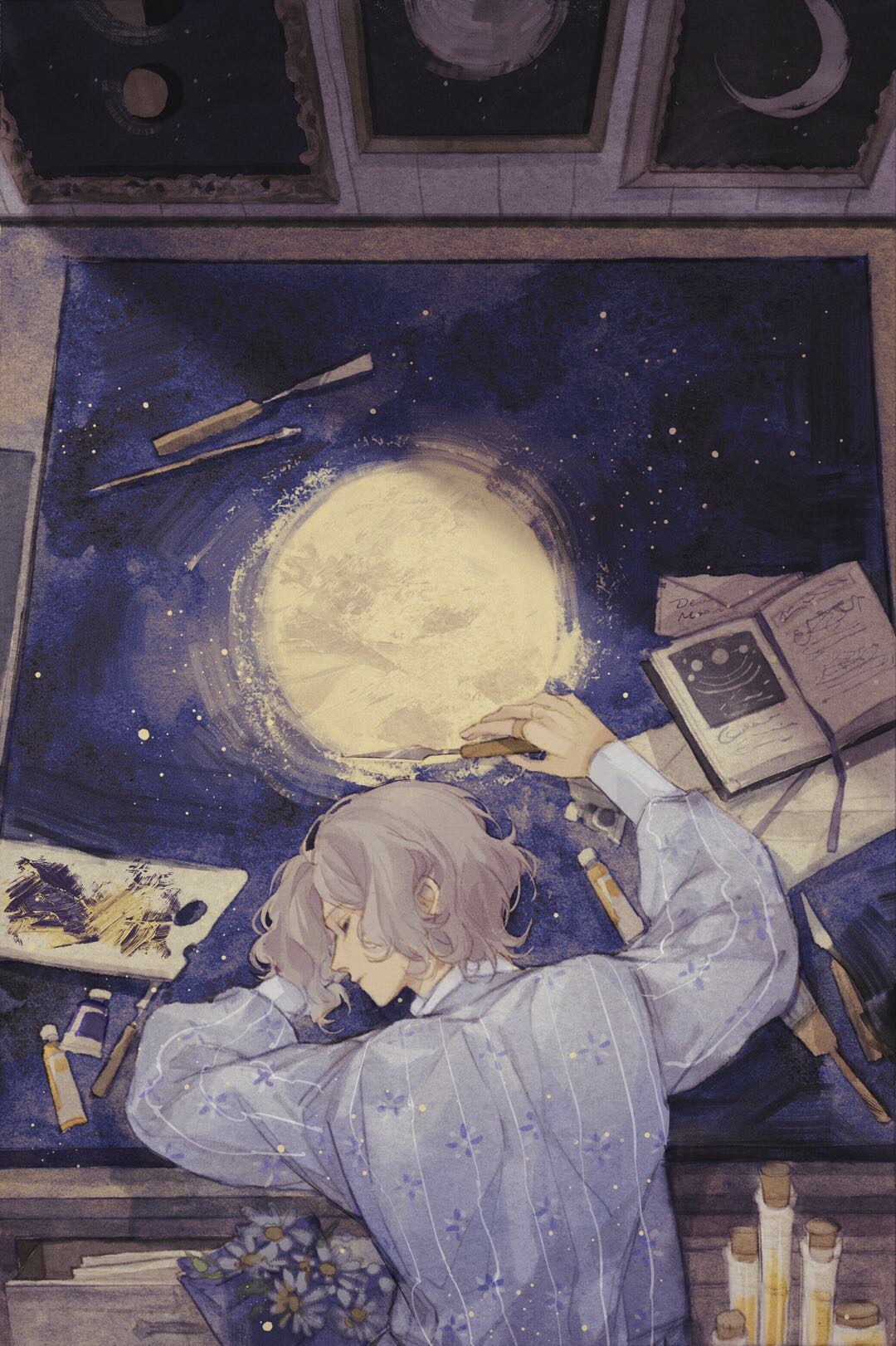 1boy blue_shirt canvas_(object) closed_eyes closed_mouth crescent_moon daisy flower from_above full_moon grey_hair highres long_sleeves lying male_focus mengxiaheqing moon on_side original paint_tube paintbrush painting_(object) profile shirt short_hair sky solo star_(sky) starry_sky test_tube trowel white_flower