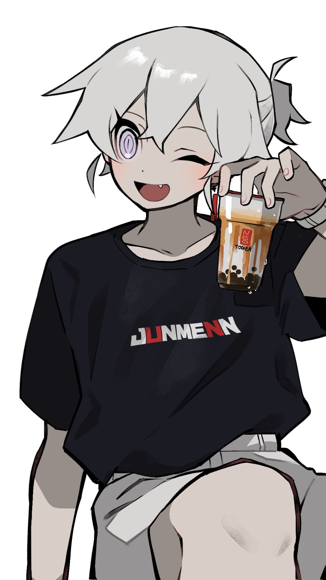 122pxsheol 1boy :d bubble_tea cup fang highres holding holding_cup light_blush long_eyelashes one_eye_closed original print_shirt purple_eyes shirt short_ponytail shorts smile solo t-shirt watch white_background white_hair white_shorts wristwatch