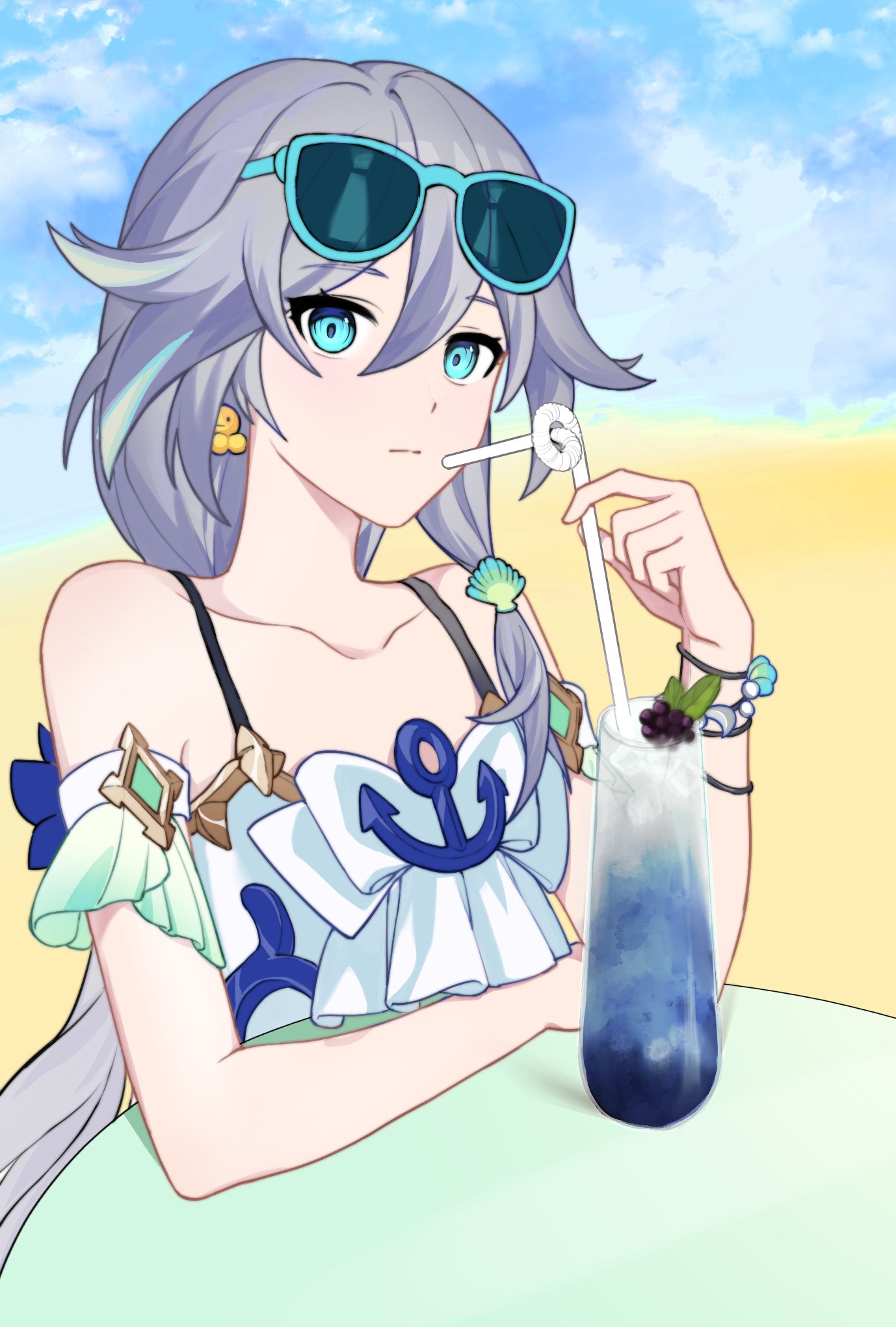 1girl beach bikini blonde_hair blue_background blue_eyes blue_hair blue_sky closed_mouth cloud cloudy_sky drinking_straw eyewear_on_head food fruit fu_hua fu_hua_(seagull's_soar) fu_hua_(shadow_knight) grape_juice grapes grey_hair hair_between_eyes hair_ornament hand_on_table highres honkai_(series) honkai_impact_3rd jewelry jonie_0624 juice long_hair looking_at_viewer low-tied_long_hair low_ponytail multicolored_hair official_alternate_costume ponytail sky sleeveless solo streaked_hair sunglasses swimsuit table upper_body white_bikini white_swimsuit