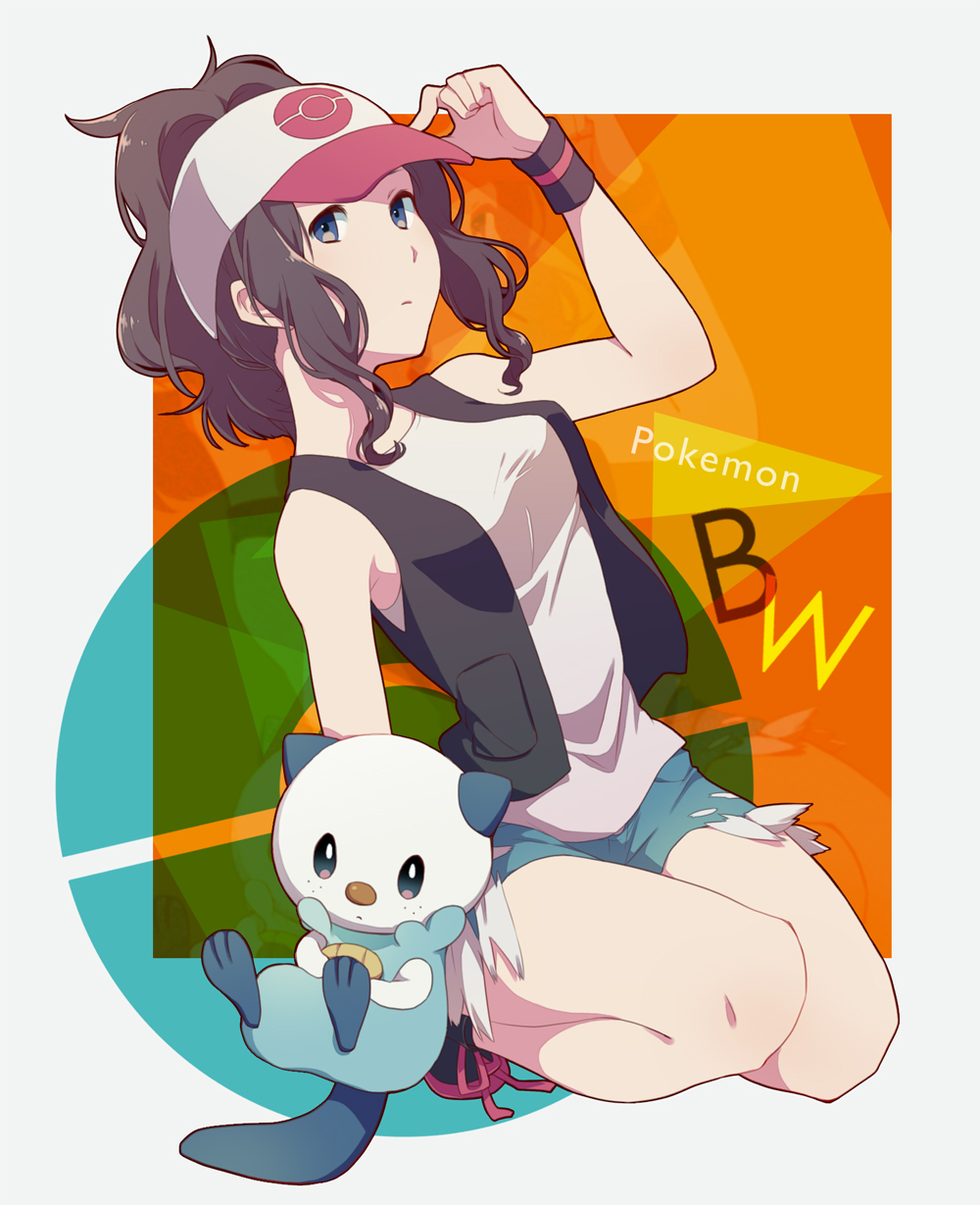 1girl baseball_cap brown_hair closed_mouth copyright_name hat high_ponytail highres hilda_(pokemon) long_hair looking_at_viewer oshawott pokemon pokemon_bw ponytail shifumame shirt shorts sleeveless sleeveless_shirt solo