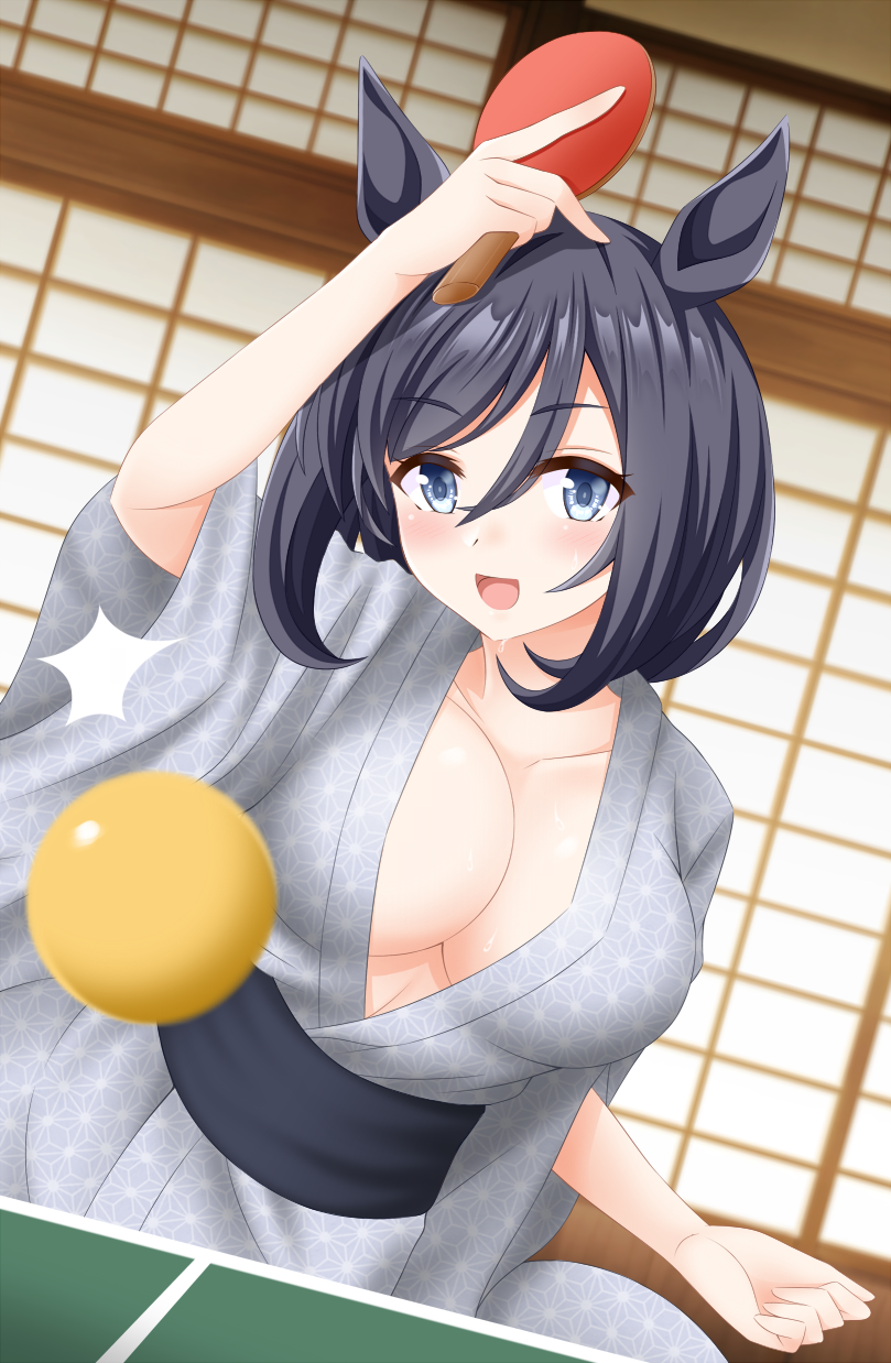 1girl alternate_costume animal_ears ball black_hair blush breasts cleavage commentary_request cow eishin_flash_(umamusume) grey_eyes gurukorian highres holding holding_paddle horse_ears horse_girl indoors japanese_clothes kimono large_breasts looking_at_viewer obi open_mouth paddle sash smile solo table_tennis table_tennis_paddle umamusume wide_sleeves yukata