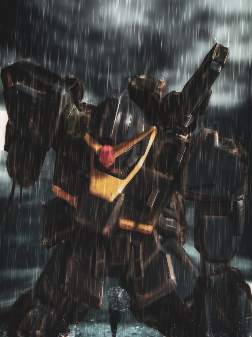 1girl 58141408 bad_end cloud commentary_request damaged dirty gundam gundam_mk_ii machinery mecha mobile_suit rain robot sad science_fiction severed_limb titans_(gundam) umbrella upper_body v-fin walking wreckage zeta_gundam