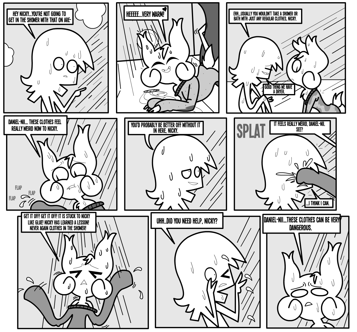 &gt;_&lt; ambiguous_gender anthro bat bathing border clothed clothing comic daniel_toke dialogue disbelief distressed duo english_text eyes_closed fangs frown fur gesture greyscale hand_gesture hi_res human humor inside male male/ambiguous mammal monochrome motion_lines nicky_(abfmh) one_eye_closed overbite pointing pupils scut_tail shane_frost short_tail shower shower_curtain shower_drain showering slit_pupils smile sound_effects speech_bubble splat_(sound_effect) sweater tail teeth text topwear water wet wet_body wet_clothing wet_fur white_border worried