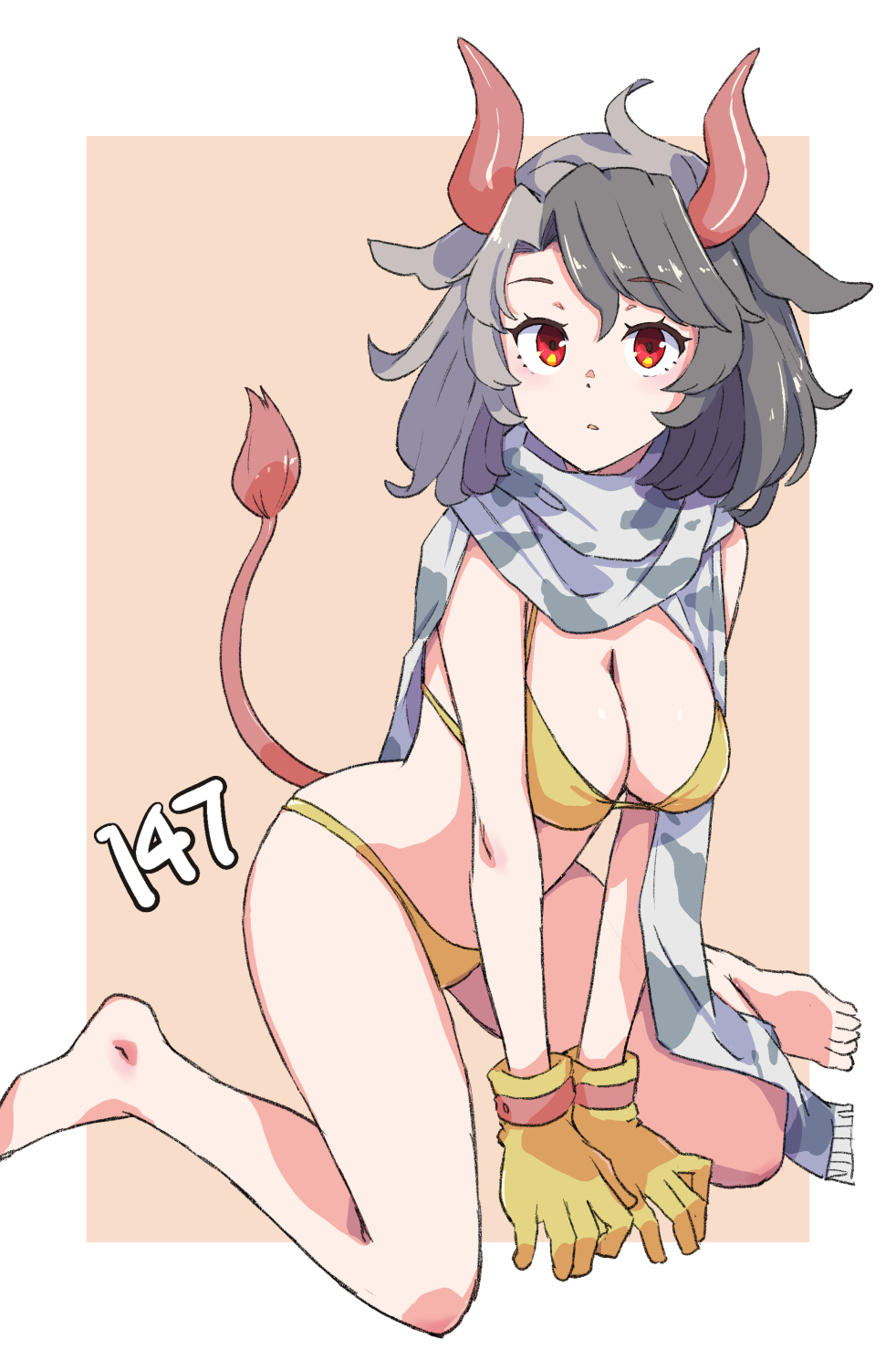 1girl animal_ears bikini breasts cleavage cow_ears cow_girl cow_tail gloves highres horns jack_(wkm74959) multicolored_hair one-hour_drawing_challenge red_eyes red_horns scale_print scales solo swimsuit tail touhou two-tone_hair ushizaki_urumi yellow_bikini yellow_gloves