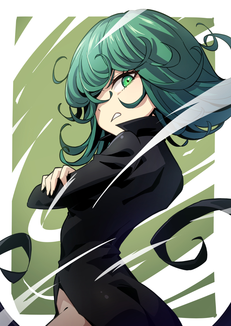 1girl black_dress commentary curly_hair dress green_background green_eyes green_hair heebee long_hair long_sleeves looking_at_viewer one-punch_man short_hair solo tatsumaki two-tone_background white_background