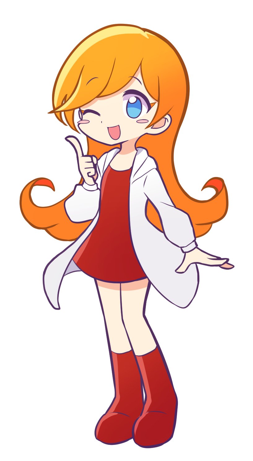 1girl blue_eyes blush coat dress highres long_hair long_sleeves looking_at_viewer mona_(warioware) offbeat one_eye_closed open_clothes open_coat open_mouth orange_hair parody puyopuyo red_dress red_footwear simple_background smile style_parody warioware white_background white_coat