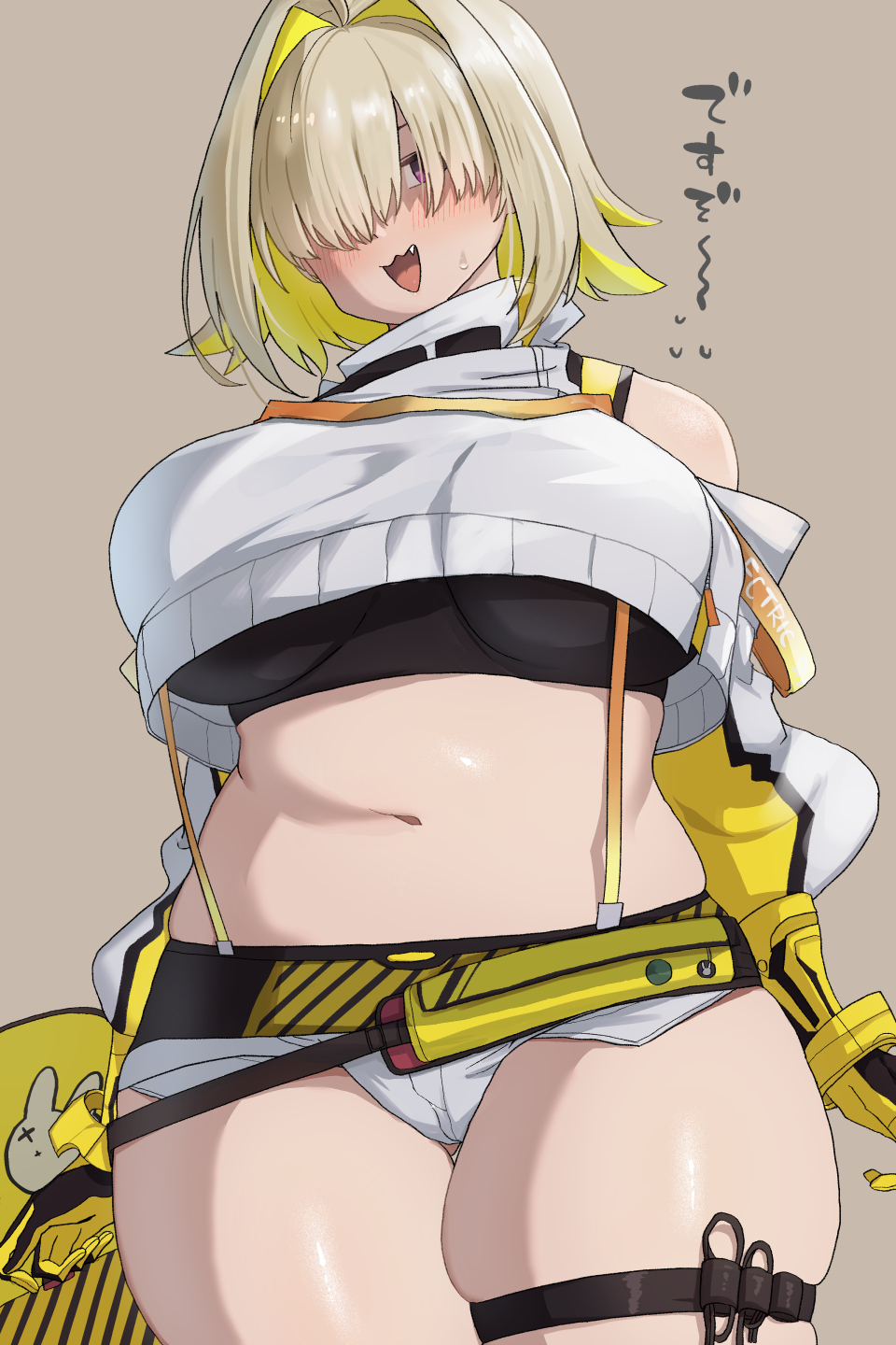 1girl :3 bare_shoulders blonde_hair blush breasts commentary_request cowboy_shot crop_top elegg_(nikke) fang gloves goddess_of_victory:_nikke hair_intakes hair_over_eyes head_tilt highres large_breasts light_brown_background long_bangs looking_at_viewer medium_hair multicolored_hair navel open_mouth purple_eyes short_shorts shorts simple_background solo sweatdrop takeura thick_thighs thigh_strap thighs two-tone_hair yellow_gloves