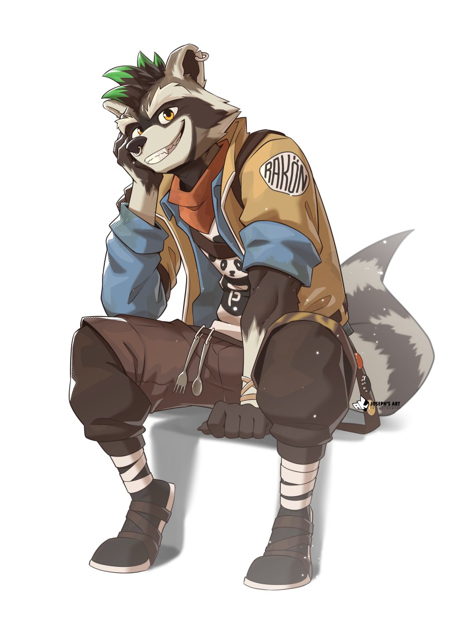 anthro armwear asumono_krom bandanna bulge clothed clothing digital_media_(artwork) ear_piercing epic_games facial_piercing fortnite fur green_hair grin hair hand_on_face hi_res inner_ear_fluff kerchief male mammal markings nose_piercing piercing procyonid raccoon rufus_(fortnite) septum_piercing simple_background sitting smile smiling_at_viewer smirk smirking_at_viewer solo tail tail_markings tiptoes tuft