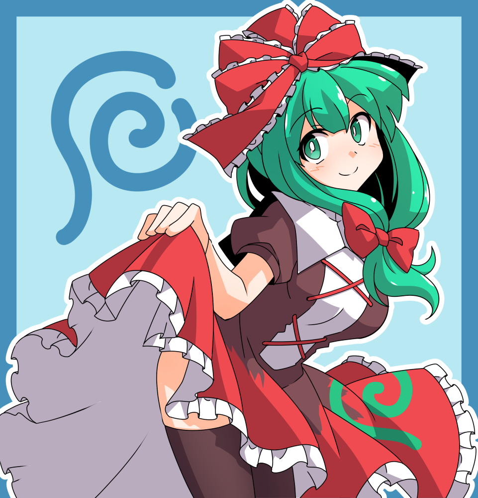 1girl black_thighhighs blue_background bow commission cowboy_shot dairi dress frilled_dress frills front_ponytail green_eyes green_hair hair_bow kagiyama_hina lifted_by_self looking_at_viewer red_ribbon ribbon skeb_commission solo thighhighs touhou