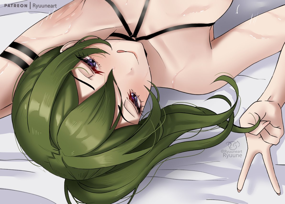 1girl :q arm_strap armpits commentary english_commentary green_hair halterneck long_hair lying on_back ryuuneart smile sousou_no_frieren tongue tongue_out ubel_(sousou_no_frieren) v