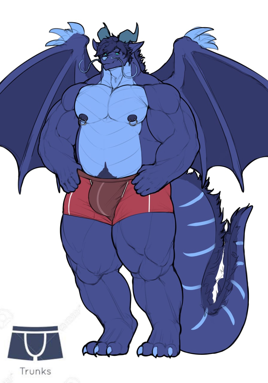 anthro barazoku belly belly_scales blue_body blue_eyes boxer_briefs boxers_(clothing) bulge christopher_wyvern claws clothed clothing dragon hands_on_hips hi_res male markings marvolk membrane_(anatomy) membranous_wings musclegut muscular mythological_creature mythological_scalie mythology nipple_fetish nipple_piercing nipples partially_clothed pecs piercing pubes red_clothing scales scalie slightly_chubby slightly_chubby_male solo tail tail_markings tail_tuft thick_thighs tuft underwear wing_claws wings
