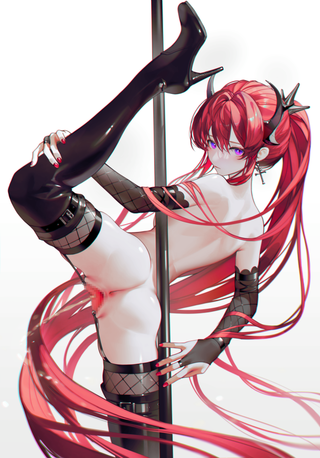 1girl anus arknights ass back boots cropped_legs cross cross_earrings double-parted_bangs earrings high_heels horns iumu jewelry long_hair looking_at_viewer peeing pole_dancing ponytail purple_eyes pussy red_hair red_nails sidelocks spread_legs spread_pussy stiletto_heels surtr_(arknights) thigh_boots turning_head very_long_hair white_background