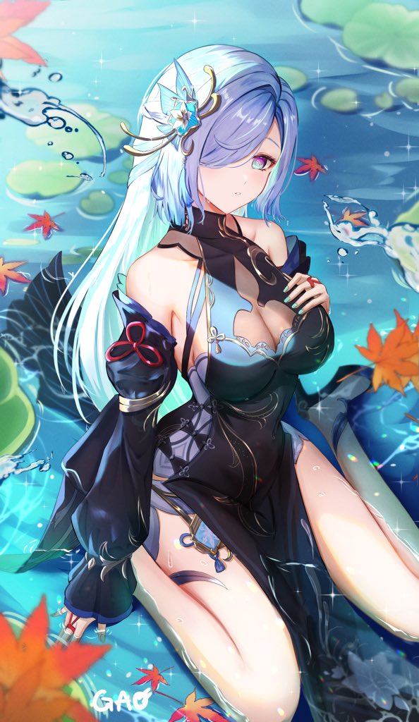 1girl artist_name bare_shoulders black_dress blue_eyes blue_nails breasts china_dress chinese_clothes cleavage commentary_request detached_sleeves dress gao_kawa genshin_impact hair_ornament hair_over_one_eye hand_on_own_chest large_breasts long_hair long_sleeves looking_at_viewer looking_up nail_polish official_alternate_costume parted_lips partially_submerged shenhe_(frostflower_dew)_(genshin_impact) shenhe_(genshin_impact) sitting solo vision_(genshin_impact) wariza water white_hair
