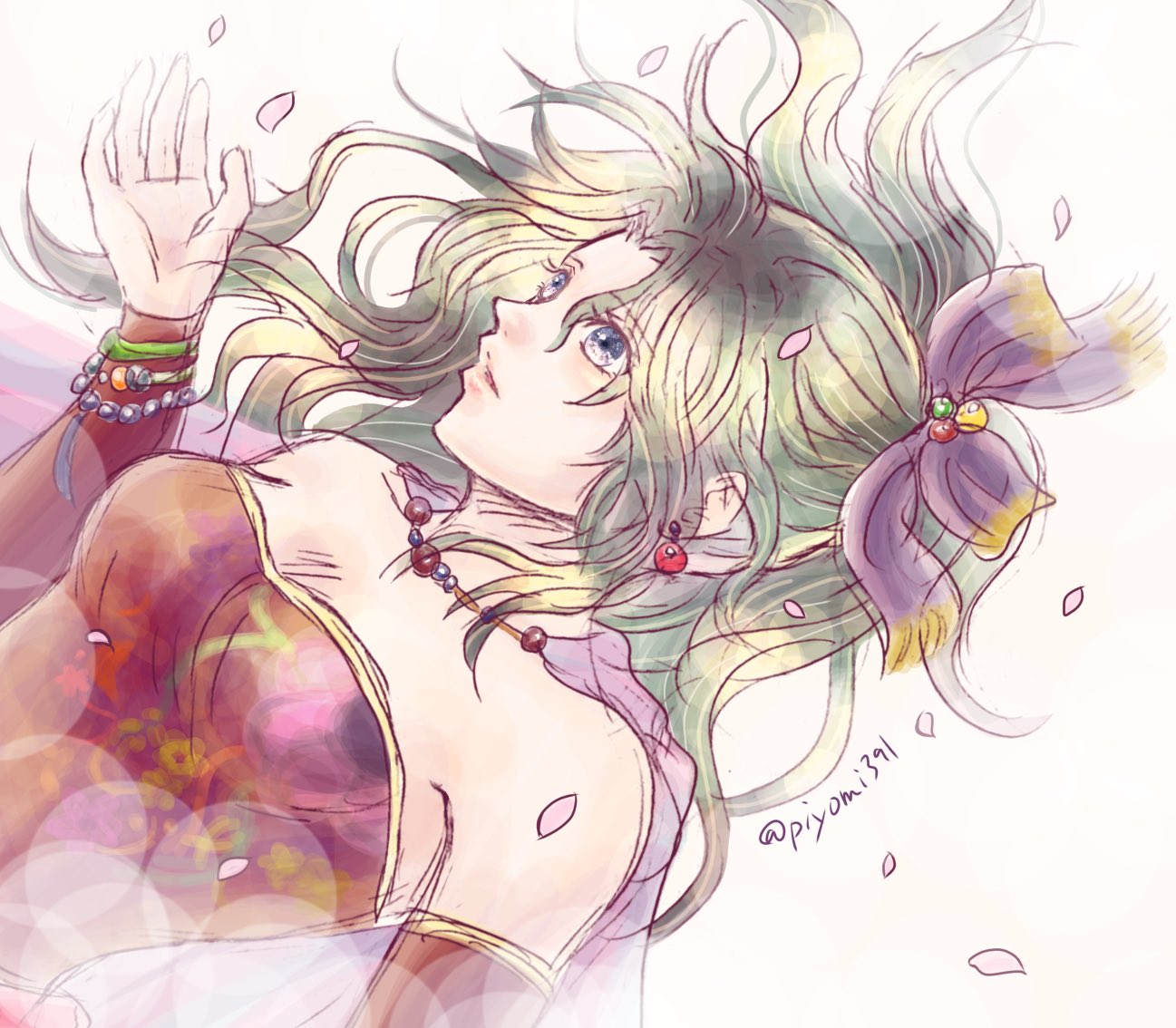 1girl blue_eyes breasts cape detached_sleeves earrings final_fantasy final_fantasy_vi grey_hair hair_ornament hair_ribbon jewelry looking_up medium_breasts necklace petals piyomi391 purple_cape ribbon solo terra_branford twitter_username upper_body white_background