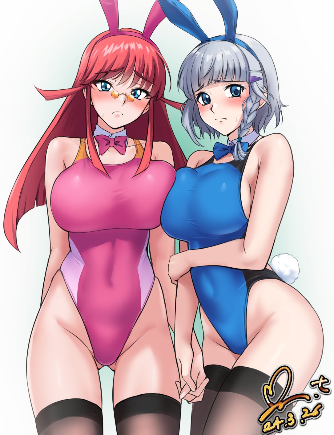 2girls animal_ears black_thighhighs blue_bow blue_eyes blue_one-piece_swimsuit blush bow braid breasts competition_swimsuit covered_navel dated detached_collar embarrassed frown grey_hair hair_ornament hairclip highres holding_hands large_breasts long_hair looking_at_viewer multiple_girls one-piece_swimsuit pantyhose pink_bow pink_hair pink_one-piece_swimsuit playboy_bunny rabbit_ears red_hair renais_cardiff_shishiou seolla_schweizer short_hair side_braid sunglasses super_robot_wars super_robot_wars_alpha super_robot_wars_dd super_robot_wars_original_generation swimsuit the_2nd_super_robot_wars_alpha the_3rd_super_robot_wars_alpha thighhighs yoo_tenchi yuusha_ou_gaogaigar yuusha_ou_gaogaigar_final yuusha_series