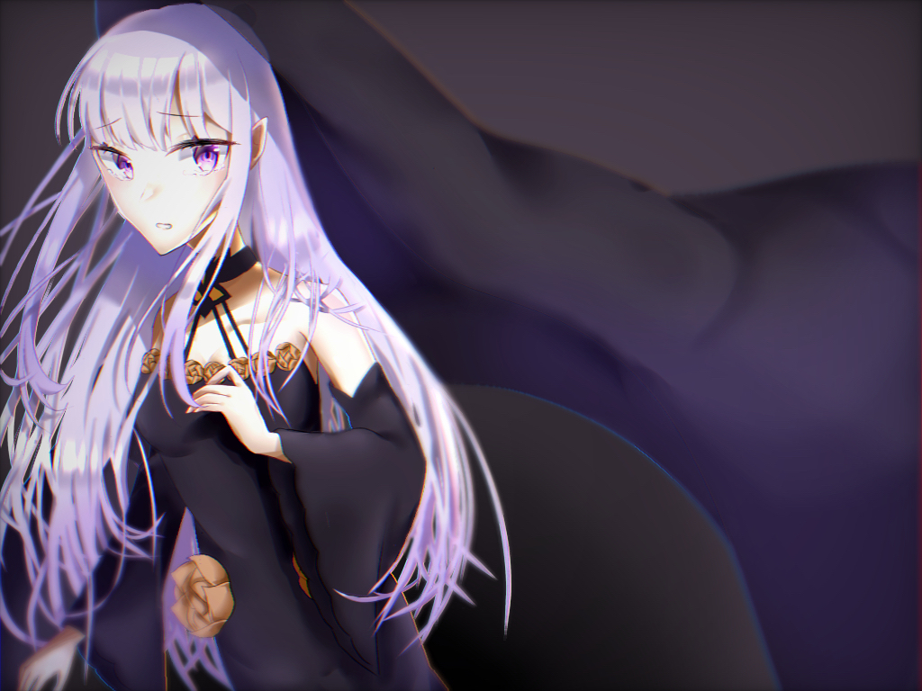 bare_shoulders black_dress breasts choker colored_skin detached_sleeves dress long_hair medium_breasts non-web_source purple_eyes re:zero_kara_hajimeru_isekai_seikatsu satella_(re:zero) simple_background tears veil white_skin