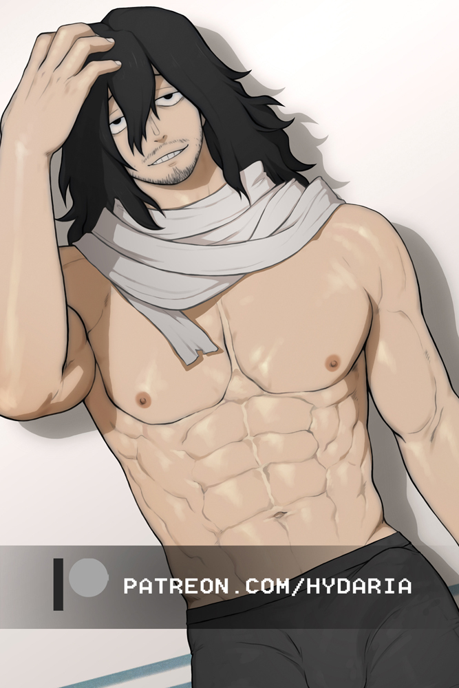 1boy abs alternate_muscle_size bara beard_stubble black_hair boku_no_hero_academia boxers bulge cowboy_shot dutch_angle eraser_head_(boku_no_hero_academia) facial_hair half-closed_eyes hand_in_own_hair hydaria large_pectorals light_smile looking_at_viewer male_focus male_underwear medium_hair muscular muscular_male mustache_stubble navel nipples paid_reward_available pectorals solo stomach stubble topless_male underwear watermark