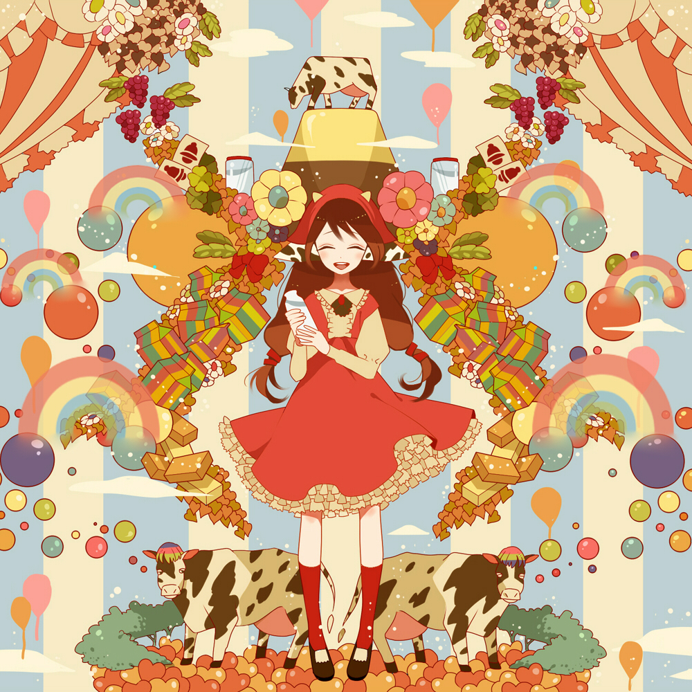 1girl animal balloon brown_hair closed_eyes cow dress drink flower food fruit grapes happy hat heart long_hair milk original petticoat rainbow red_dress shoes solo sunaya twintails
