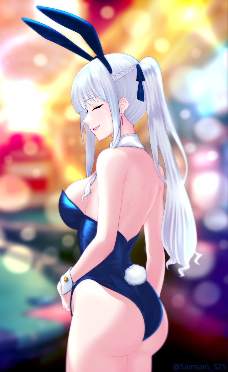 1girl ak-12_(girls'_frontline) alternate_costume animal_ears ass blue_leotard blue_ribbon blurry blurry_background braid breasts closed_eyes cowboy_shot detached_collar earrings english_commentary fake_animal_ears fake_tail french_braid girls'_frontline hair_ribbon highres jewelry leotard long_hair parted_lips pink_lips playboy_bunny ponytail rabbit_ears rabbit_tail ribbon samsam_s2s sidelocks smile solo tail white_hair wrist_cuffs
