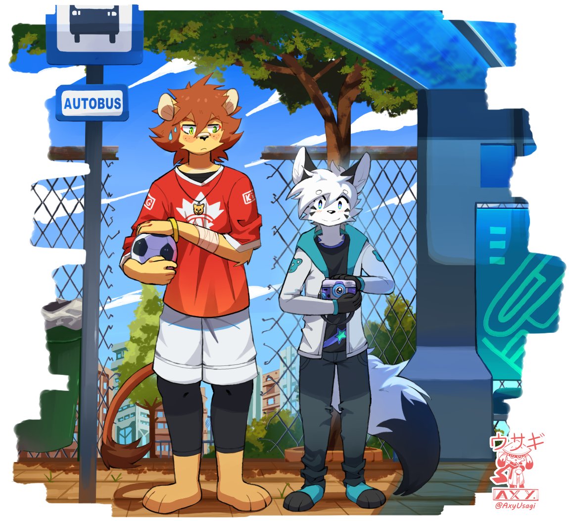 anthro axy_usagi ball biped blush brown_hair canid canine clothed clothing cloud dipstick_tail duo eyebrow_through_hair eyebrows felid fox hair lion male mammal markings pantherine plant soccer_ball tail tail_markings tail_tuft translucent translucent_hair tree tuft white_hair