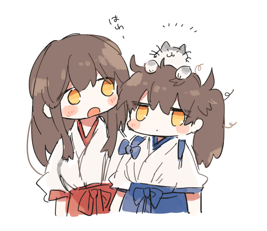 2girls akagi_(kancolle) animal_on_head blue_skirt blush_stickers brown_hair cat cat_on_head ina_(1813576) japanese_clothes kaga_(kancolle) kantai_collection long_hair multiple_girls on_head open_mouth red_skirt short_hair side_ponytail skirt tasuki upper_body white_background yellow_eyes