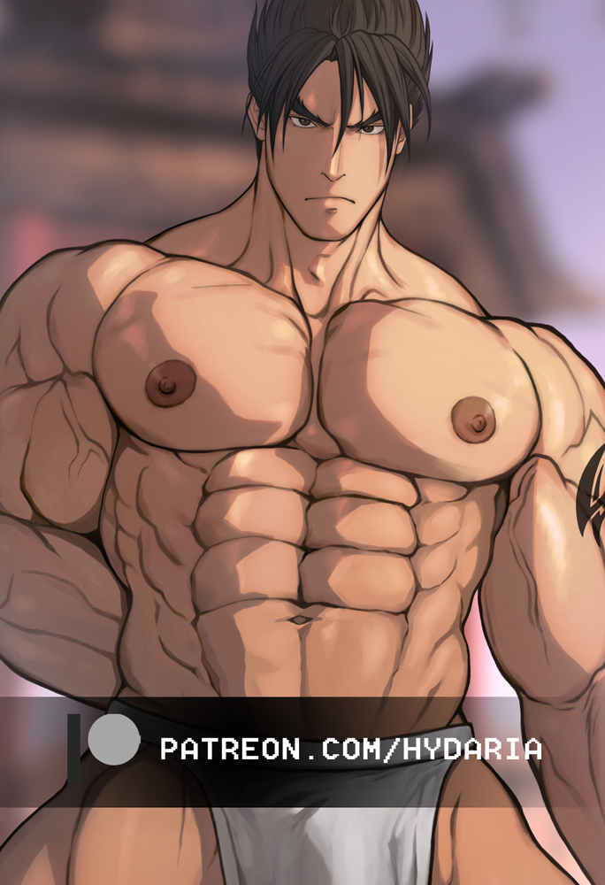 1boy abs arm_tattoo bara black_hair bulge cowboy_shot frown hydaria kazama_jin large_pectorals loincloth looking_at_viewer male_focus muscular muscular_male navel nipples paid_reward_available pectorals pelvic_curtain short_hair shredded_muscles solo stomach sunlight tattoo tekken topless_male veins veiny_arms watermark