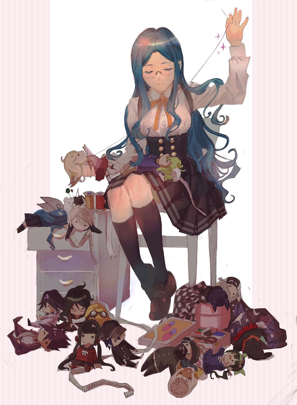 1girl akamatsu_kaede amami_rantaro black_corset black_skirt black_socks blue_hair bow bowtie box brown_footwear buchi_(qooo003) buttons chabashira_tenko chair character_doll closed_eyes closed_mouth collared_shirt commentary corset danganronpa_(series) danganronpa_v3:_killing_harmony doll eyelashes fabric full_body glasses gokuhara_gonta harukawa_maki highres holding holding_doll holding_sewing_needle hoshi_ryoma iruma_miu k1-b0 kneehighs knees loafers long_hair long_sleeves medium_skirt momota_kaito monokuma oma_kokichi orange_bow orange_bowtie paper pink_background pleated_skirt round_eyewear saihara_shuichi sewing sewing_kit shinguji_korekiyo shirogane_tsumugi shirt shoes sidelocks simple_background sitting skirt smile socks solo sparkle spoilers striped_background tape_measure thread tojo_kirumi two-tone_background very_long_hair wavy_hair white_background white_shirt white_sleeves yonaga_angie yumeno_himiko