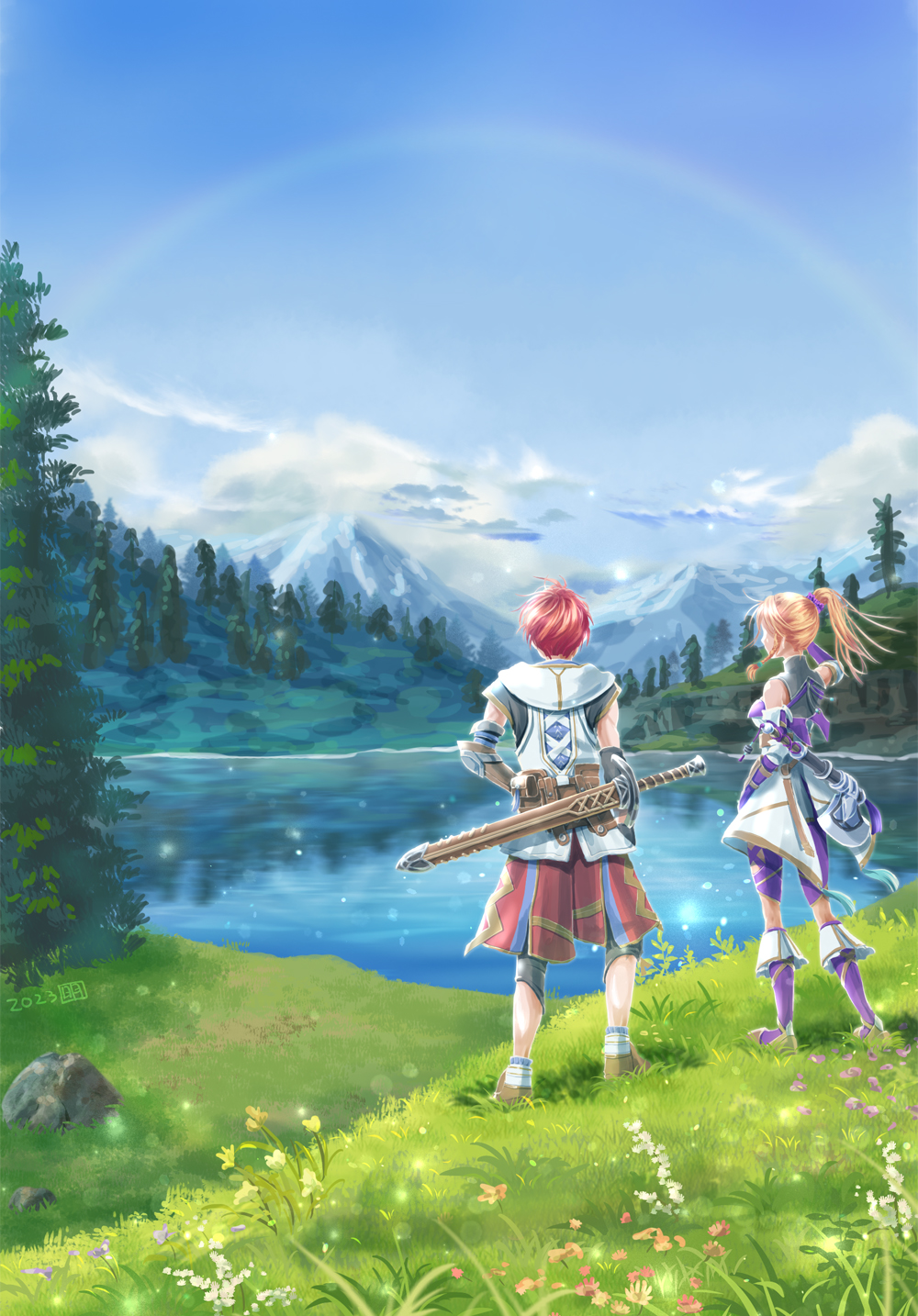 1boy 1girl adol_christin ake_miyamura axe blonde_hair blue_sky cloud commentary_request full_body high_ponytail highres karja_balta mountain on_grass outdoors pond rainbow red_hair rock scenery short_hair sky standing sword sword_on_back tree water weapon weapon_on_back ys ys_x_nordics