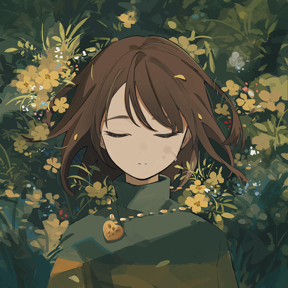 1other androgynous brown_hair chara_(undertale) closed_eyes flower grass guangchenren heart heart_necklace jewelry necklace petal_on_head solo striped_clothes striped_sweater sweater teardrop undertale upper_body