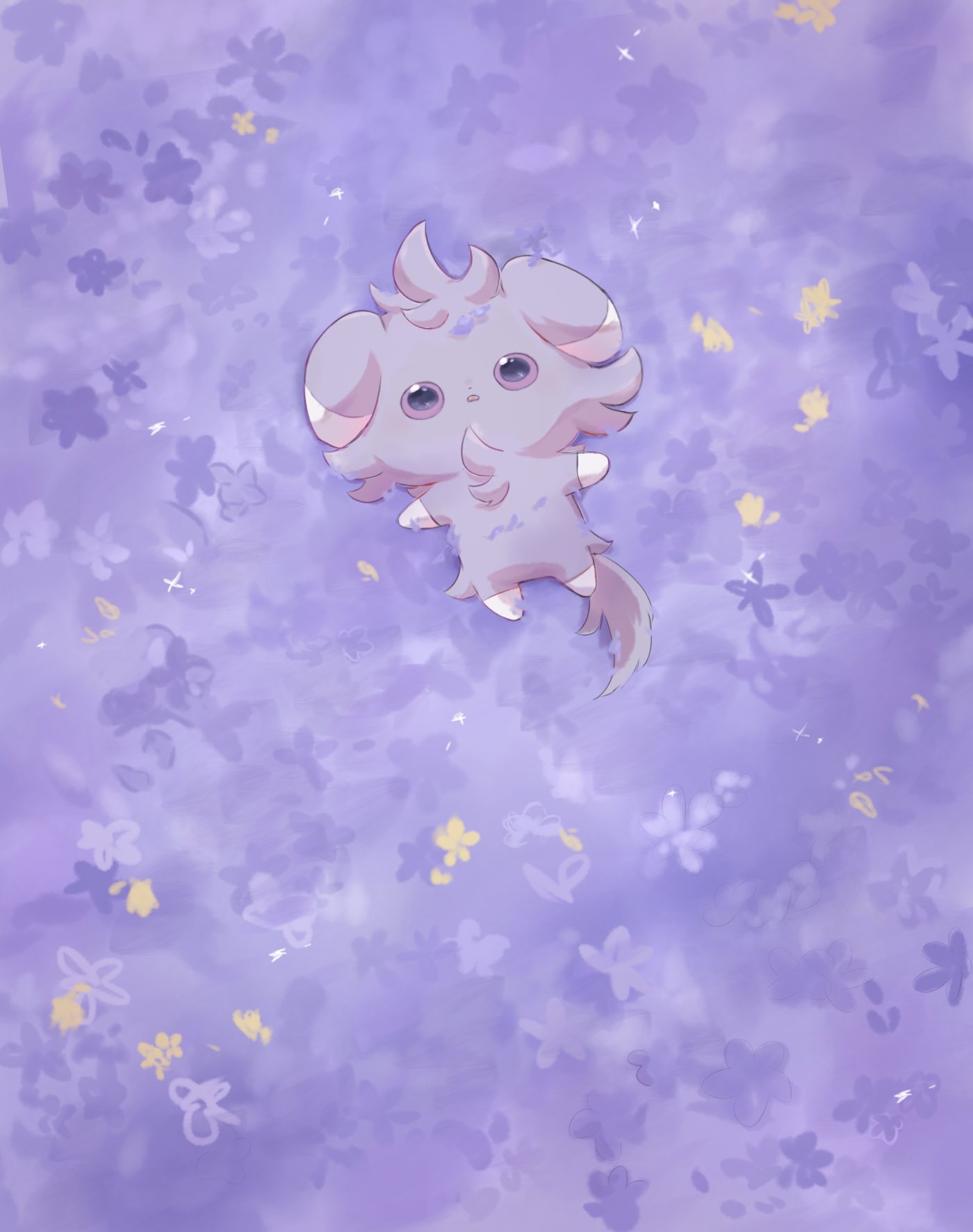 animal_focus espurr flower grey_fur highres looking_up lying no_humans on_back open_mouth pokemon pokemon_(creature) purple_eyes purple_flower staring suimin_ap tail