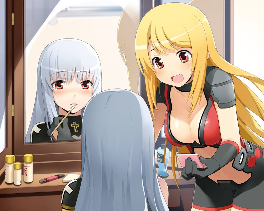 2girls applying_makeup armor black_gloves black_shorts blonde_hair blush breasts cleavage clothing_cutout cosmic_break cosmic_break_2 crimrose cross glass gloves ivis large_breasts long_hair multiple_girls official_art open_mouth red_eyes reflection second-party_source shorts shoulder_armor smile stomach_cutout very_long_hair wakaba_sprout white_hair
