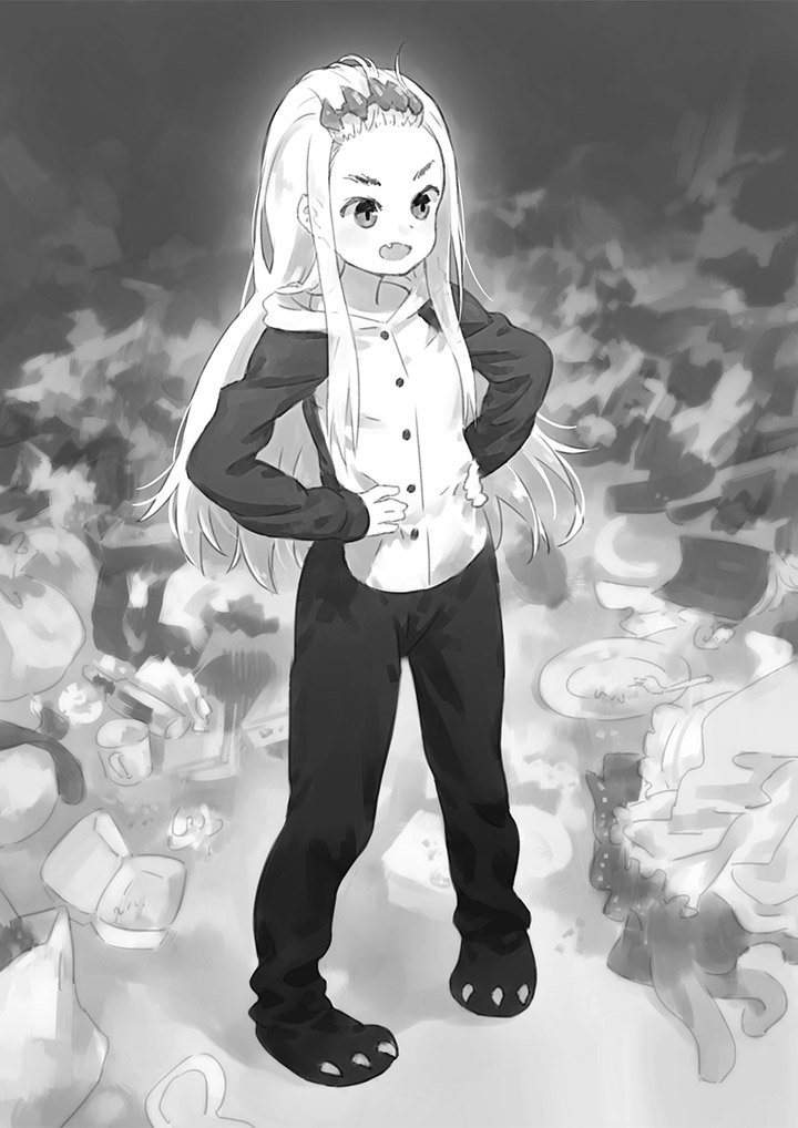 1girl :d animal_costume bottle buttons commentary_request cup fang food forehead full_body greyscale hairband hands_on_own_hips hood long_hair long_sleeves messy_room moekon monochrome mug open_mouth original pajamas plate sidelocks smile smug solo standing trash trash_bag v-shaped_eyebrows very_long_hair