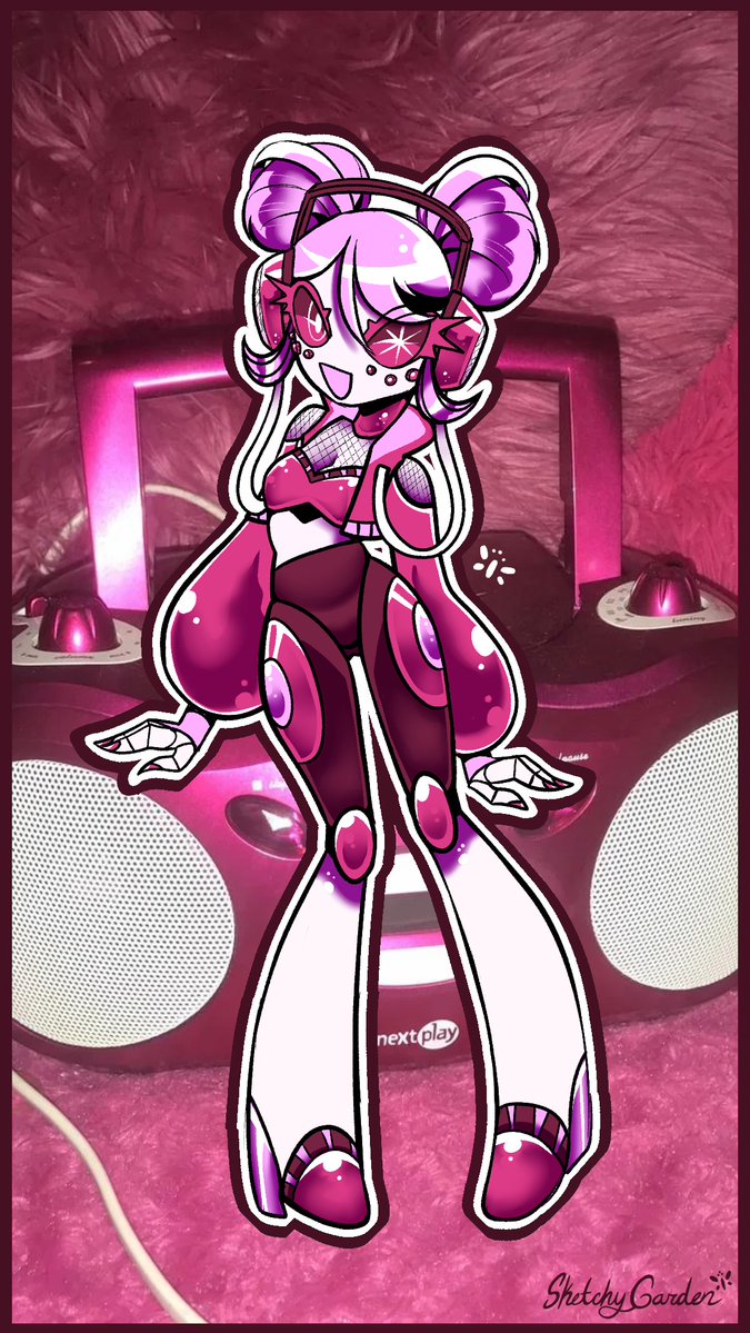 clothing electronics female fishnet_clothing happy headphones looking_at_viewer machine mismatched_eyes piercing pink pose radio robot sketchygarden