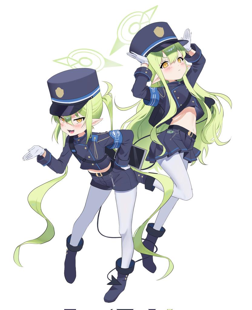 2girls 5uj0 :d armband arms_up bag belt black_footwear black_shorts black_skirt blue_archive blue_armband boots commentary_request corrupted_twitter_file demon_tail earrings fang full_body gloves green_hair green_halo halo hand_on_own_hip hand_up hat highlander_sidelocks_conductor_(blue_archive) highlander_twintails_conductor_(blue_archive) holding holding_tablet_pc jewelry long_hair looking_at_viewer midriff miniskirt multiple_girls navel pantyhose peaked_cap pleated_skirt pointy_ears shorts shoulder_bag sidelocks simple_background skin_fang skirt smile standing standing_on_one_leg tablet_pc tail twintails very_long_hair white_background white_gloves white_pantyhose yellow_eyes