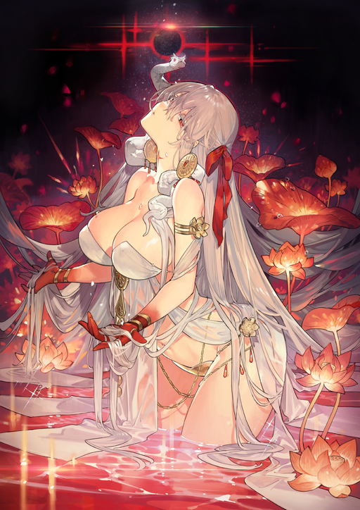 1girl armor bare_arms bare_legs bare_shoulders belly_chain bikini_armor body_markings breasts cleavage collarbone colored_skin cowboy_shot dark_background dress drop_earrings durga_(fate) earrings fate/grand_order fate_(series) flower gold_armlet gold_bracelet gold_earrings gradient_skin grey_hair hair_between_eyes hair_ribbon hair_spread_out jewelry large_breasts lily_(flower) long_hair looking_at_viewer lotus navel official_art pelvic_curtain red_eyes red_ribbon red_skin revealing_clothes ribbon sash sidelocks snake solo starshadowmagician thumb_ring very_long_hair water wet wet_clothes white_dress white_hair white_sash white_snake