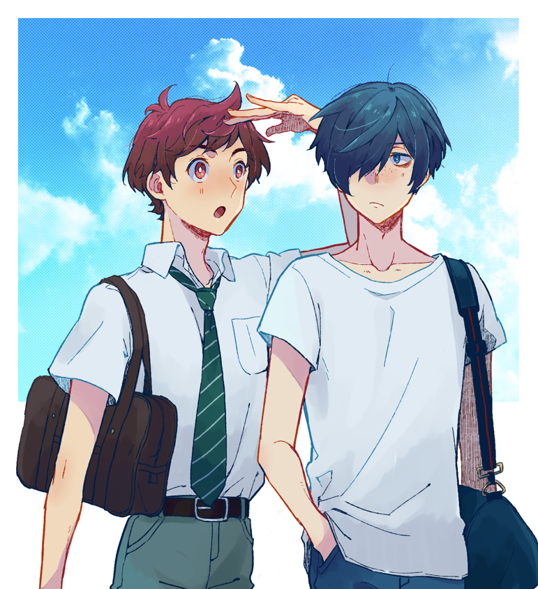 2boys bag blue_eyes blue_hair blue_sky border brown_eyes brown_hair cloud collarbone commentary_request dark_blue_hair diagonal-striped_clothes diagonal-striped_necktie freckles hair_over_one_eye hand_in_pocket height_conscious kuji_toi looking_at_another male_focus merimo multiple_boys necktie open_mouth sarazanmai school_uniform shirt short_hair shoulder_bag sky striped_clothes surprised t-shirt upper_body white_border white_shirt yasaka_kazuki