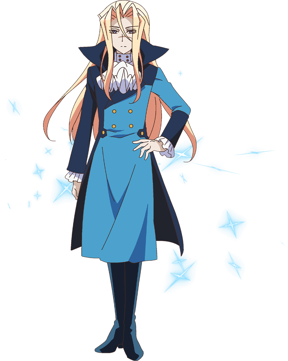 1boy acro_trip ascot blonde_hair blue_coat blue_footwear boots chroma_(acro_trip) coat collared_coat frilled_sleeves frills hand_on_own_hip highres long_hair multicolored_coat non-web_source official_art scar scar_on_face serious sparkle transparent_background two-tone_coat very_long_hair white_ascot