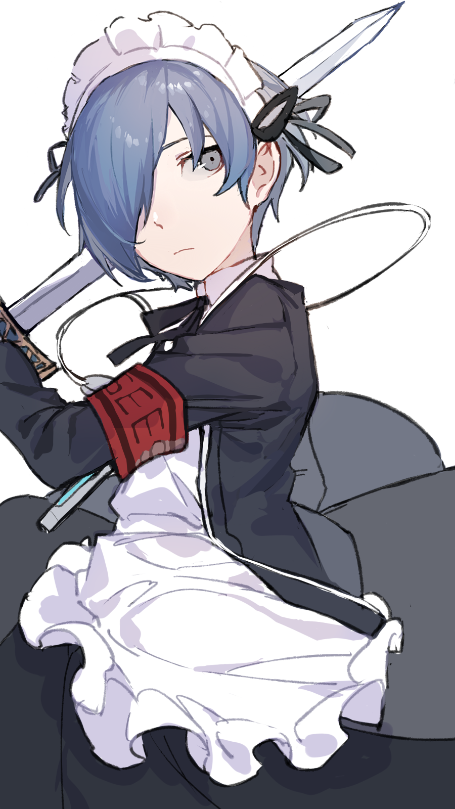 1boy apron armband black_dress blue_eyes blue_hair caddy_cyd commentary crossdressing dress expressionless gekkoukan_high_school_uniform hair_over_one_eye headphones headphones_around_neck highres holding holding_sword holding_weapon jacket maid_apron maid_headdress male_focus open_clothes open_jacket pale_skin persona persona_3 red_armband s.e.e.s school_uniform short_hair solo sword upper_body weapon white_background yuuki_makoto_(persona_3)