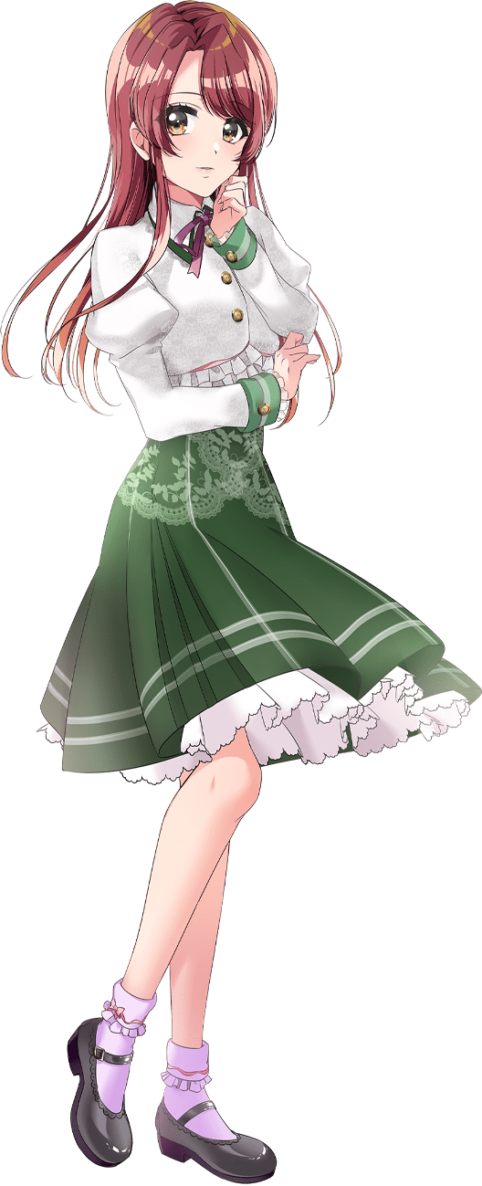 1girl black_footwear bow_legwear collared_shirt d4dj foot_up frilled_socks frills green_skirt hand_on_own_cheek hand_on_own_face high-waist_skirt highres juliet_sleeves kasuga_haruna long_hair long_sleeves looking_at_viewer mary_janes medium_skirt neck_ribbon official_art orange_eyes parted_lips pleated_skirt puffy_sleeves purple_ribbon purple_socks red_hair ribbon shirt shoes sidelocks simple_background skirt socks solo standing straight_hair swept_bangs transparent_background white_shirt