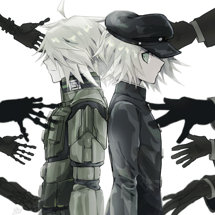 2boys ahoge android back-to-back black_hat black_jacket black_sleeves blue_eyes buttons cabbie_hat closed_mouth collared_jacket collared_shirt commentary_request cowboy_shot danganronpa_(series) danganronpa_v3:_killing_harmony dual_persona expressionless from_side hair_over_eyes hat high_collar jacket k1-b0 long_sleeves looking_at_another male_focus mechanical_hands multiple_boys outstretched_hand school_uniform shirt short_hair simple_background u_u_ki_u_u white_background white_hair white_shirt