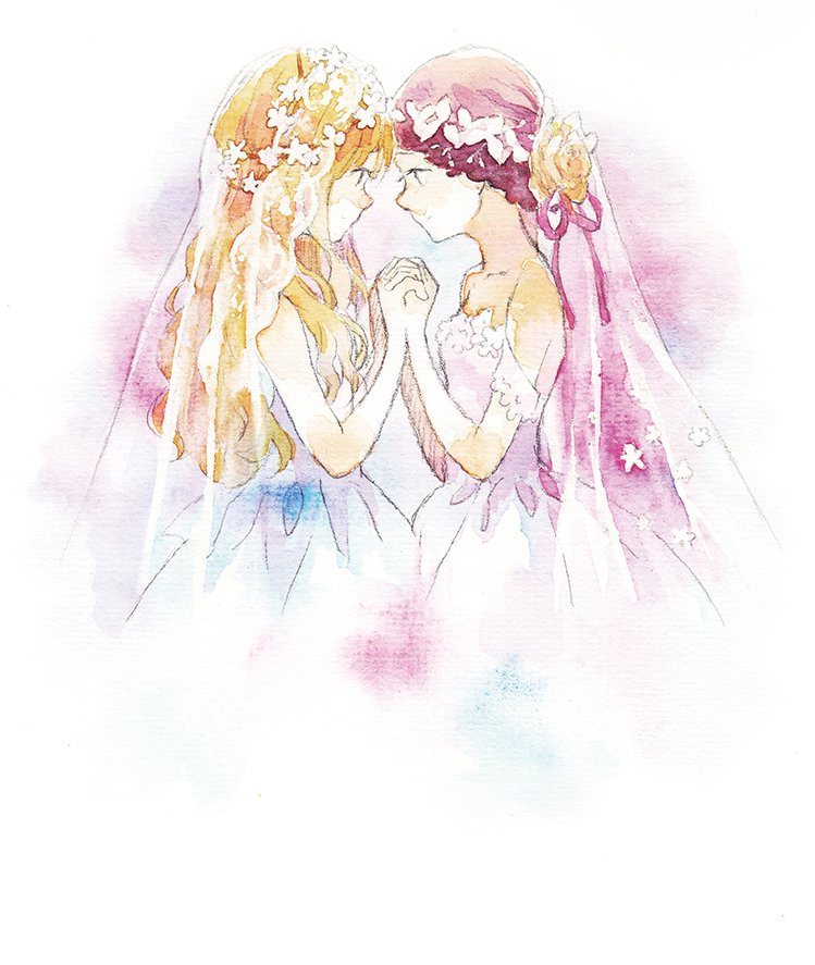 2girls bare_shoulders blonde_hair bridal_veil closed_eyes commentary_request dress flower forehead-to-forehead from_side hair_flower hair_ornament head_wreath heads_together holding_hands interlocked_fingers long_hair looking_at_another moekon multiple_girls original painting_(medium) profile purple_hair ribbon smile strapless strapless_dress traditional_media upper_body veil watercolor_(medium) wedding_dress white_background white_dress wife_and_wife yellow_flower yuri