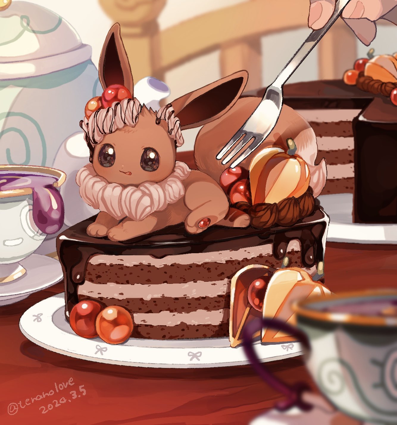 amezawa_koma animal_focus black_eyes blurry blurry_background blurry_foreground cake cake_slice chocolate_cake commentary creature_as_food cup dated depth_of_field eevee food fork from_side highres holding holding_fork looking_at_viewer out_of_frame plate pokemon pokemon_(creature) signature symbol-only_commentary teacup tongue tongue_out whipped_cream